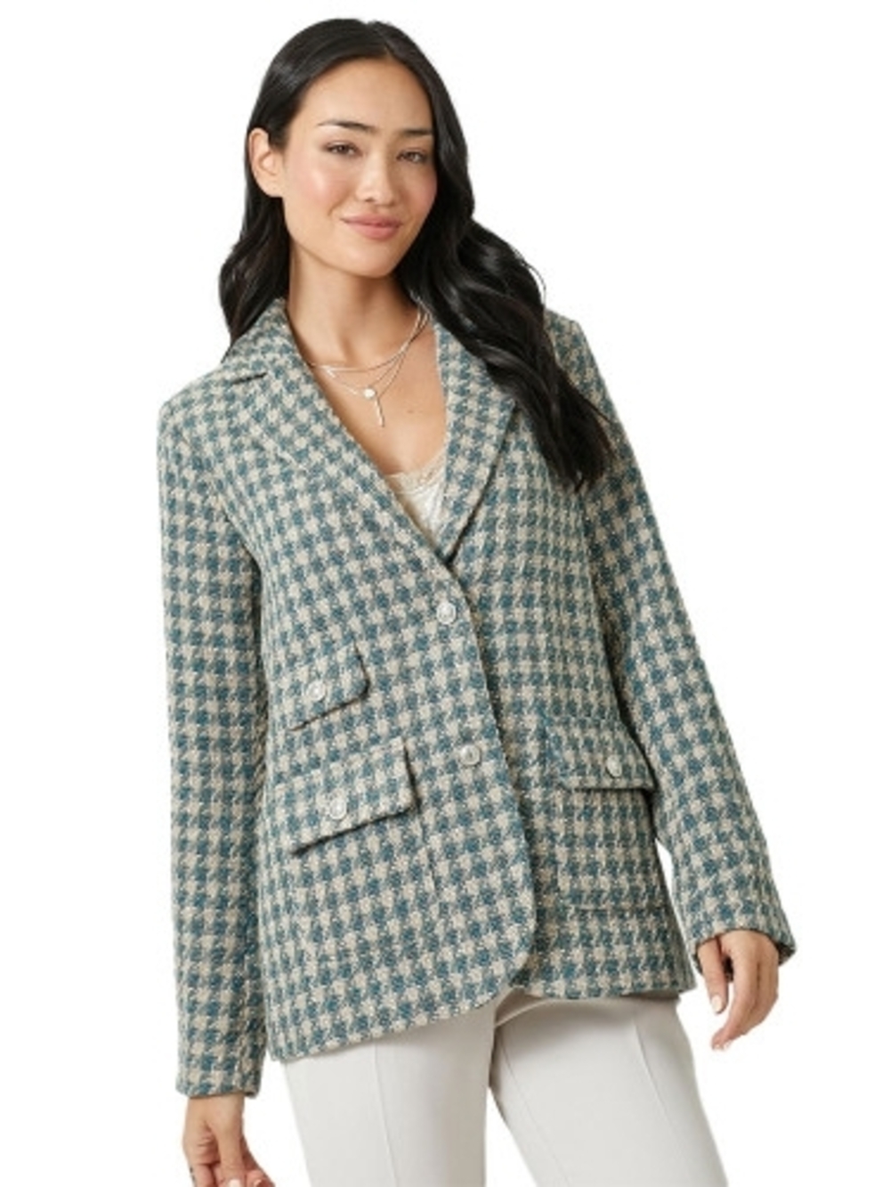Houndstooth Tweed Blazer Jacket - Grenn Cream - Mystree